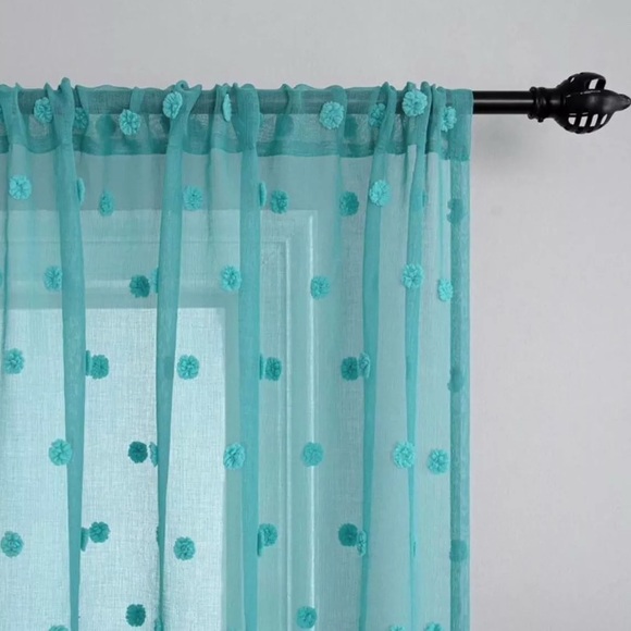 Anthropologie Teal Pom Pom Curtain Panels (2) - Picture 3 of 6